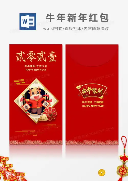 2021牛年福字卡通简约风红包设计word模板下载2021