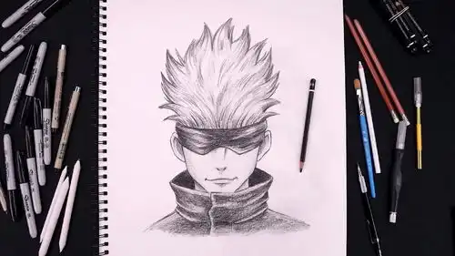 手绘动漫咒术回战最强咒术师五条悟,素描过程展示
