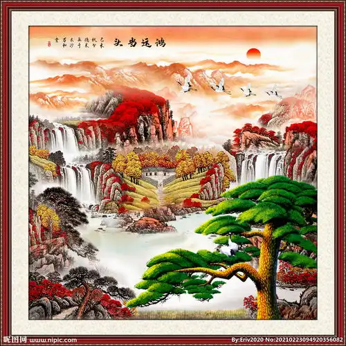 迎客松山水画图片