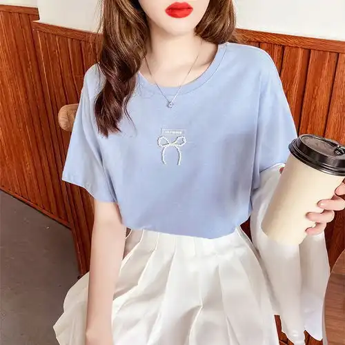 欧美短袖中长款蓝色卡通t恤