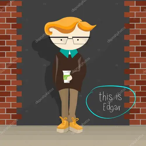 卡通男孩站在灰色和砖壁附近,拿着白色杯子的姜黄色头发这是埃德加题字矢量字符图集合之一美丽和时尚