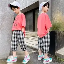 男童夏季套装2021新款中大儿童韩版帅气短袖卡通小熊t恤格子中裤