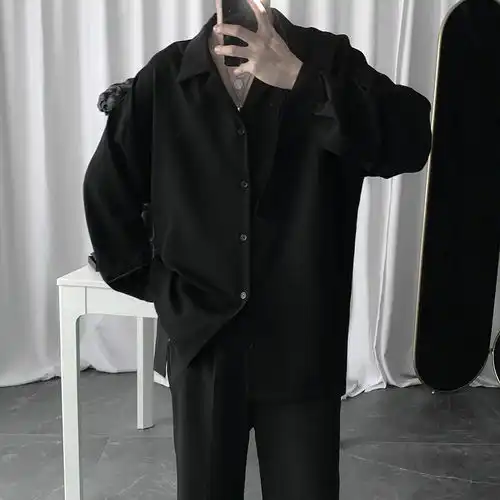 短句先生暗黑禁欲系黑色衬衫男长袖韩版设计感慵懒风气质宽松衬衣