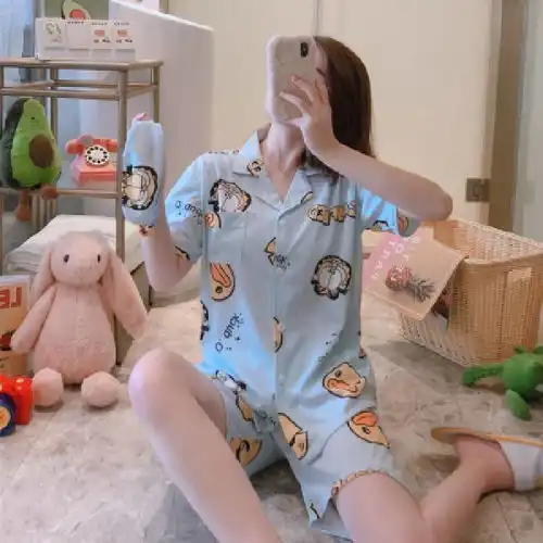 夏季新款开衫卡通ins风可爱短袖短裤女睡衣两件套家居服