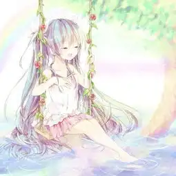 初音未来坐在秋千上头戴花环,穿白色衣服背景是一轮圆月的图片