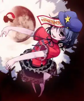 一个动漫人物,女的,眼睛是红的,脑门上贴了张符咒,好像牙也是鲨鱼牙