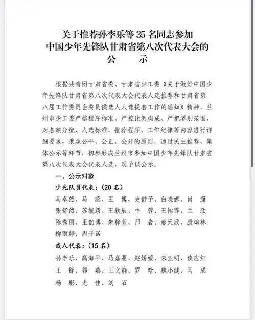 关于推荐孙李乐等35名同志参加中国少年先锋队甘肃省第八次代表大会的公示