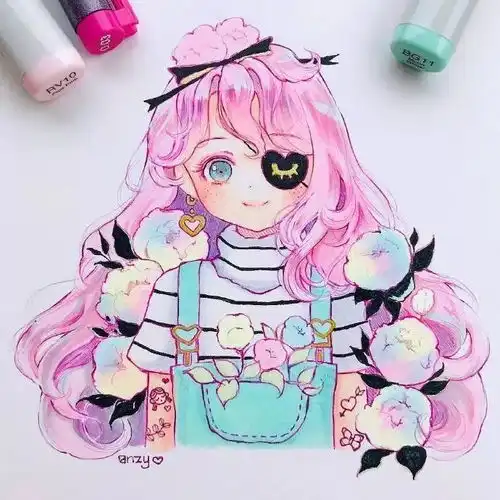 甜美可爱的卡通女孩,ins画师aanzzyy的马克笔绘画作品