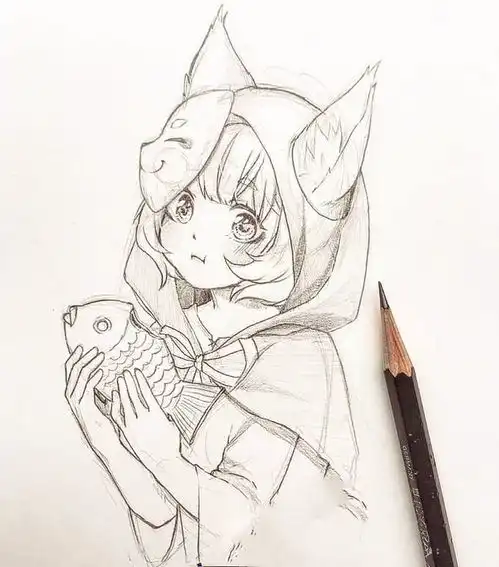二次元少女铅笔手绘线稿