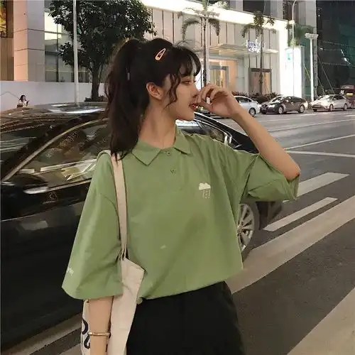 港风日系卡通翻领短袖潮流学生t恤韩版宽松ins原宿bf情侣polo衫男
