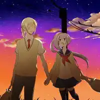 求一张动漫男女手拉手向屏幕前跑的图片