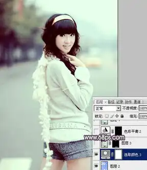 photoshop给街道美女图片加上淡绿韩系色