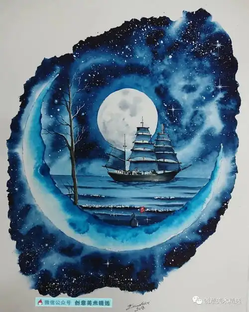 水色之美梦幻的蓝色系水彩插画