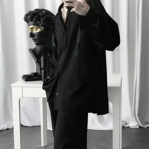 短句先生暗黑禁欲系黑色衬衫男长袖韩版设计感慵懒风气质宽松衬衣